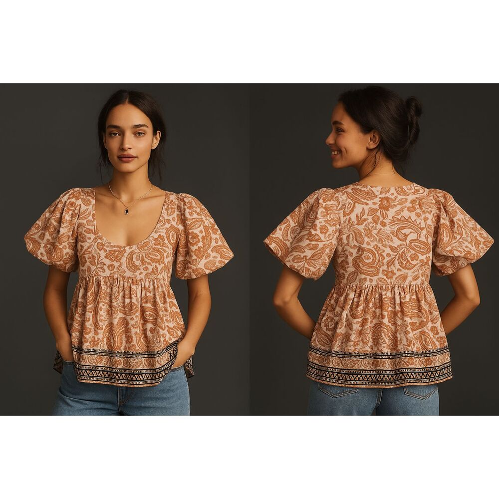 Anthropologie Paisley Puff-Sleeve Babydoll Blouse Scoop Neck Boho Cotton L NWT